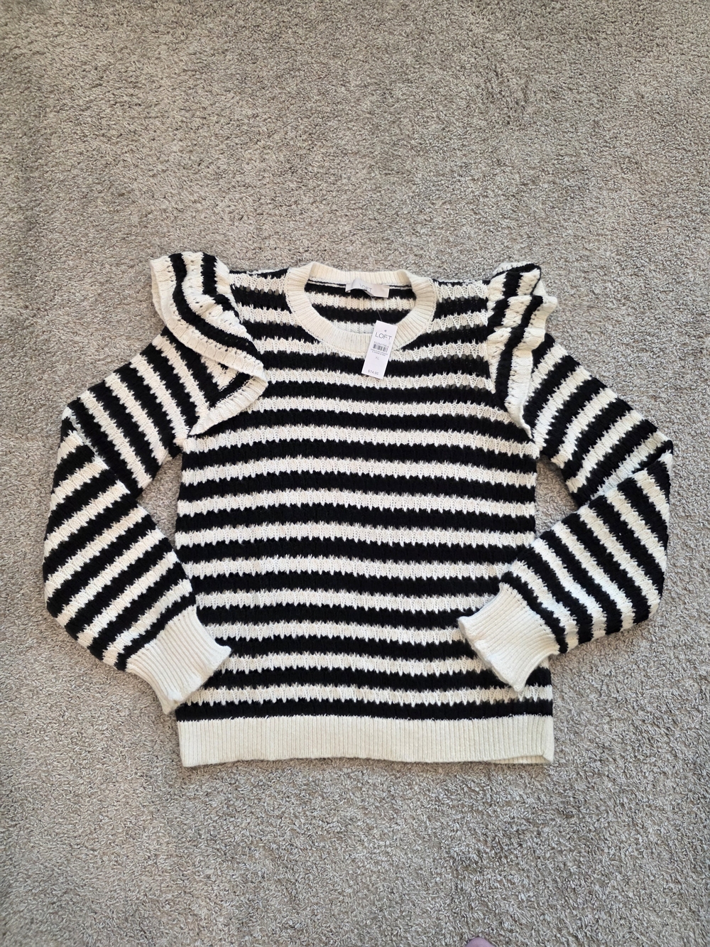 LOFT Black & Cream Striped Ruffle-Shoulder Crewneck Sweater